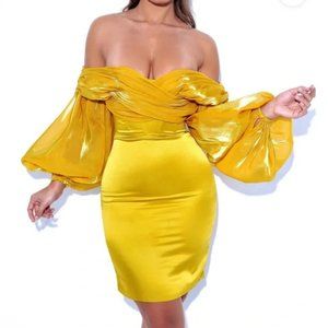 Jacey Off Shoulder Balloon Sleeve Dress - Gold